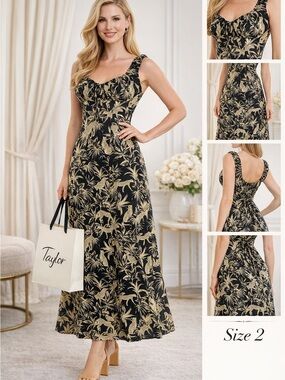 Taylor Black Maxi Dress with Gold Botanical Motif